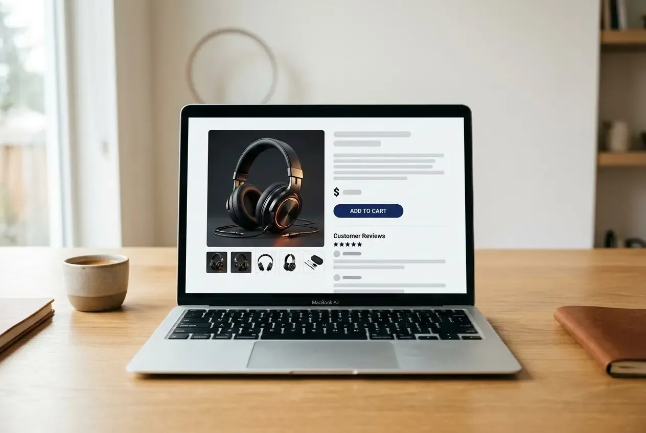 Laptop affichant une page produit avec écouteurs, bouton "Add to cart" et avis clients, sur bureau, idée claire de stratégie contenu prestashop e-commerce intégré.