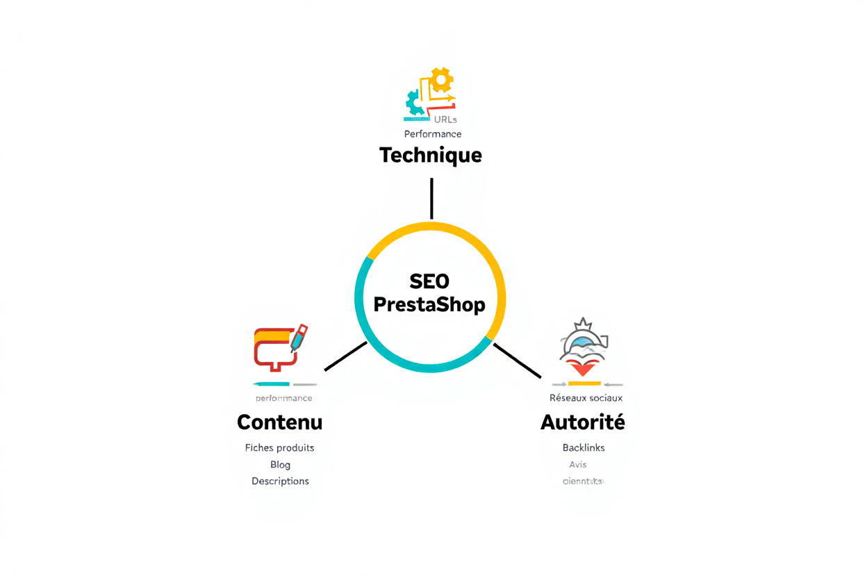 SEO PrestaShop: diagramme des trois piliers (Technique, Contenu, Autorité) autour du SEO PrestaShop