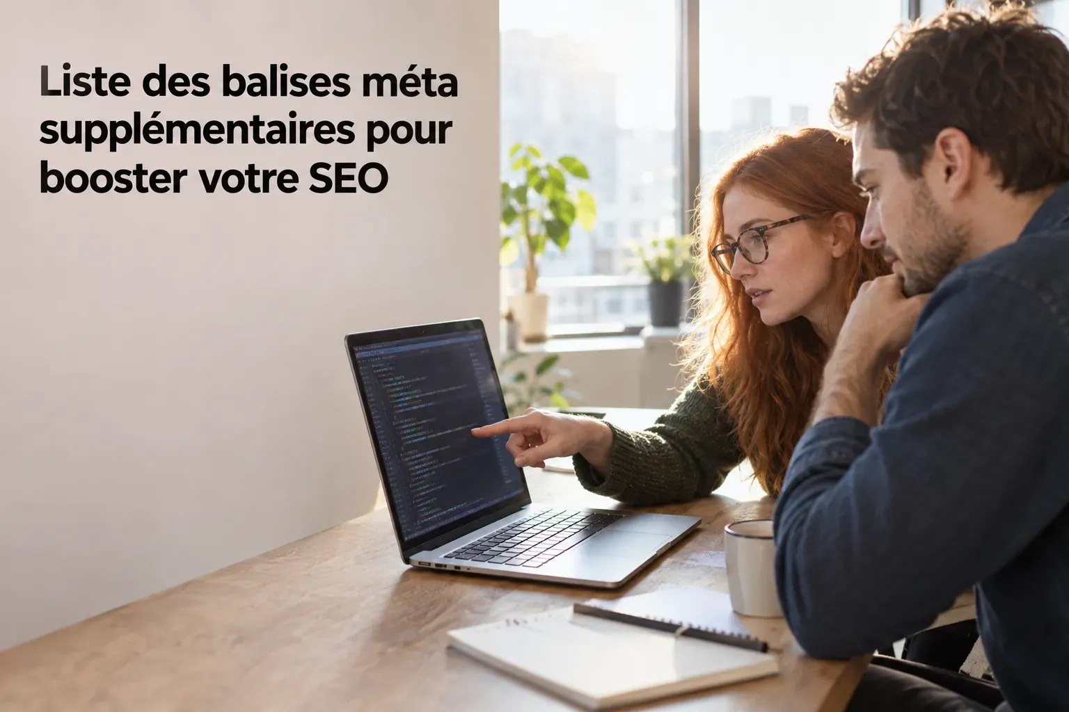 Liste des balises méta supplémentaires pour booster votre SEO avec deux professionnels consultant un code sur ordinateur portátil.