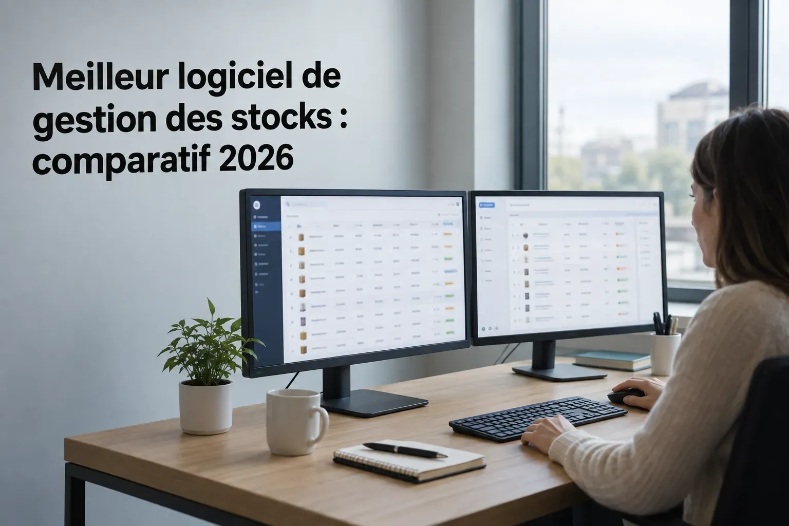 Meilleur logiciel de gestion des stocks : comparaison 2026 illustré par une personne devant deux écrans montrant une interface de gestion des stocks.