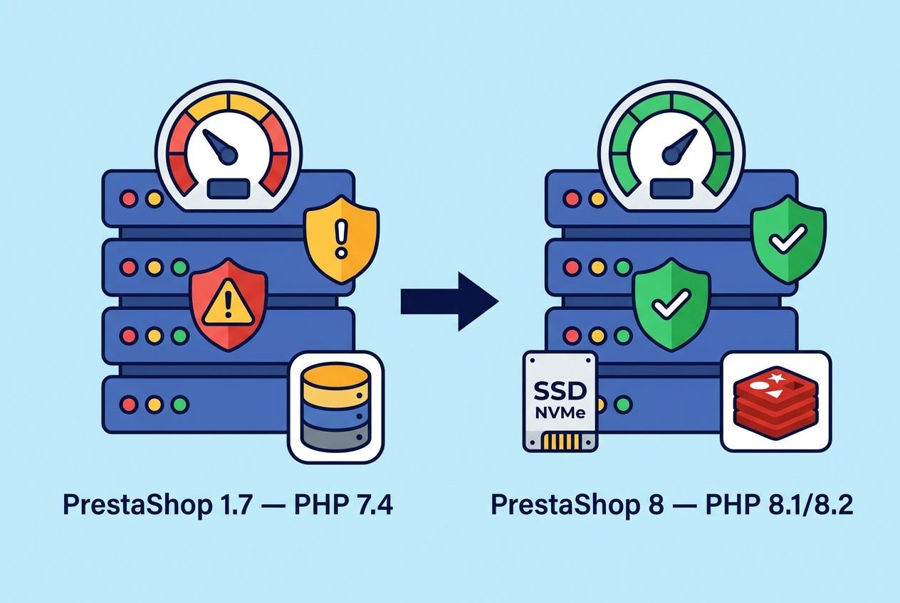 Mise à jour prestashop 1.7 vers 8 : migration visuelle avec serveurs et jauges avant/après, icônes SSD et disque dur.