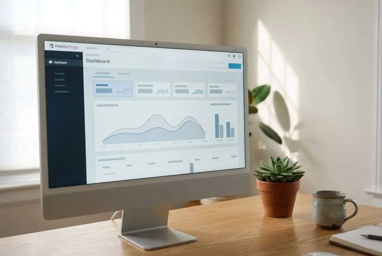 Moniteur affichant un tableau de bord analytics sur un bureau, avec plante en pot et tasse à côté, agence web vannes.