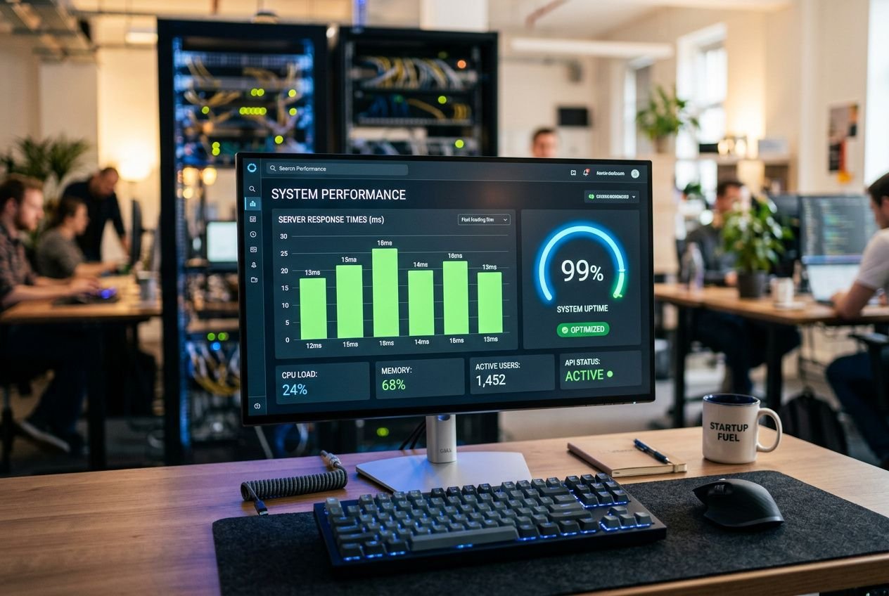 Ordinateur affichant des indicateurs de performance système, graphiques et taux de disponibilité élevés dans un bureau informatique. hébergement boutique en ligne rapide.