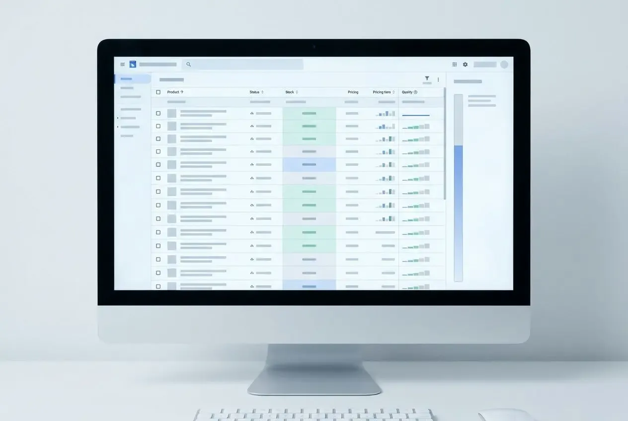 Ordinateur affichant un tableau de gestion Google Shopping avec colonnes et indicateurs, illustrant l’optimisation d’une campagne shopping.