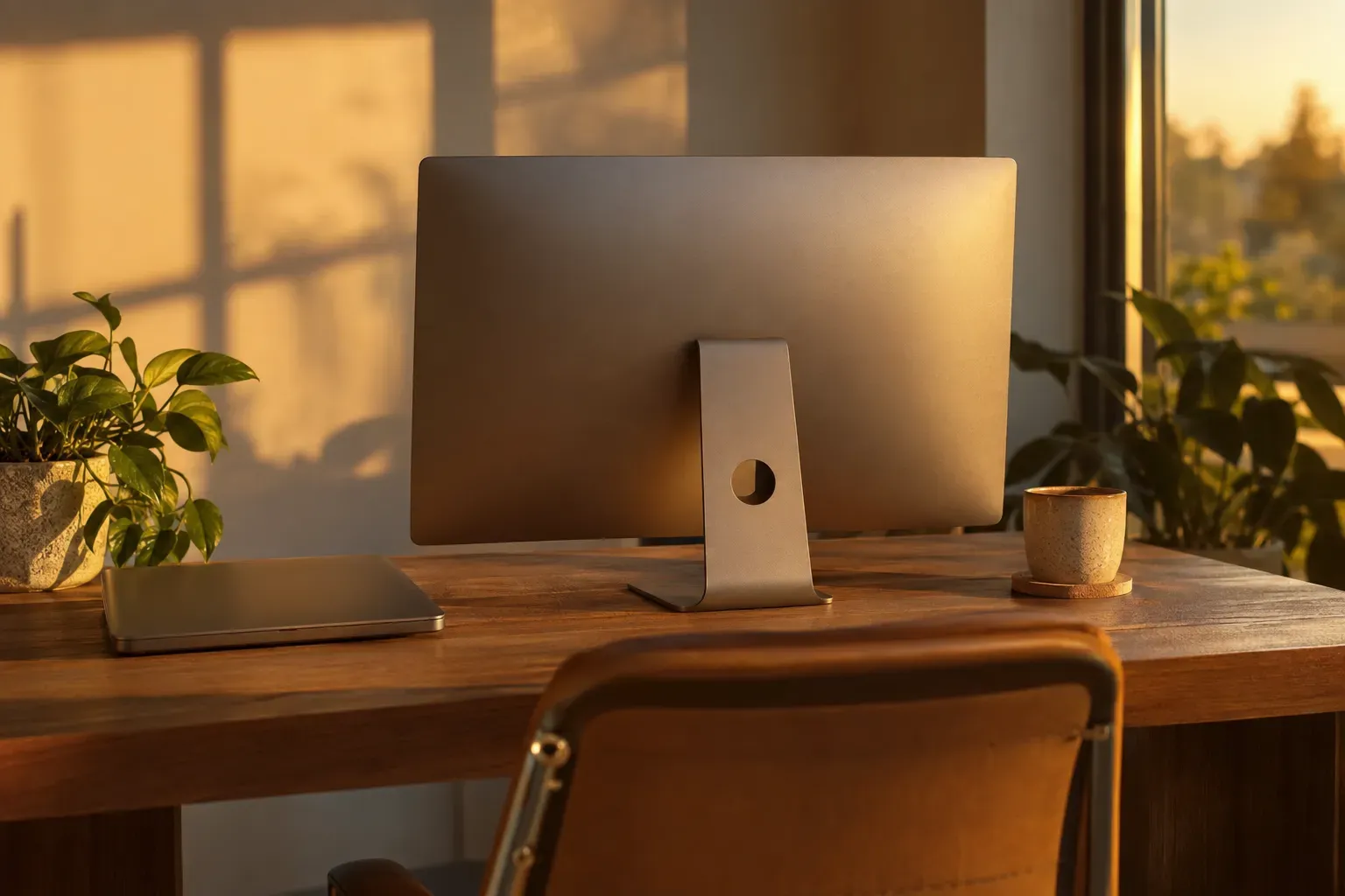 Un ordinateur de bureau posé sur un bureau en bois près d’une fenêtre lumineuse, avec une plante et une tasse à côté.