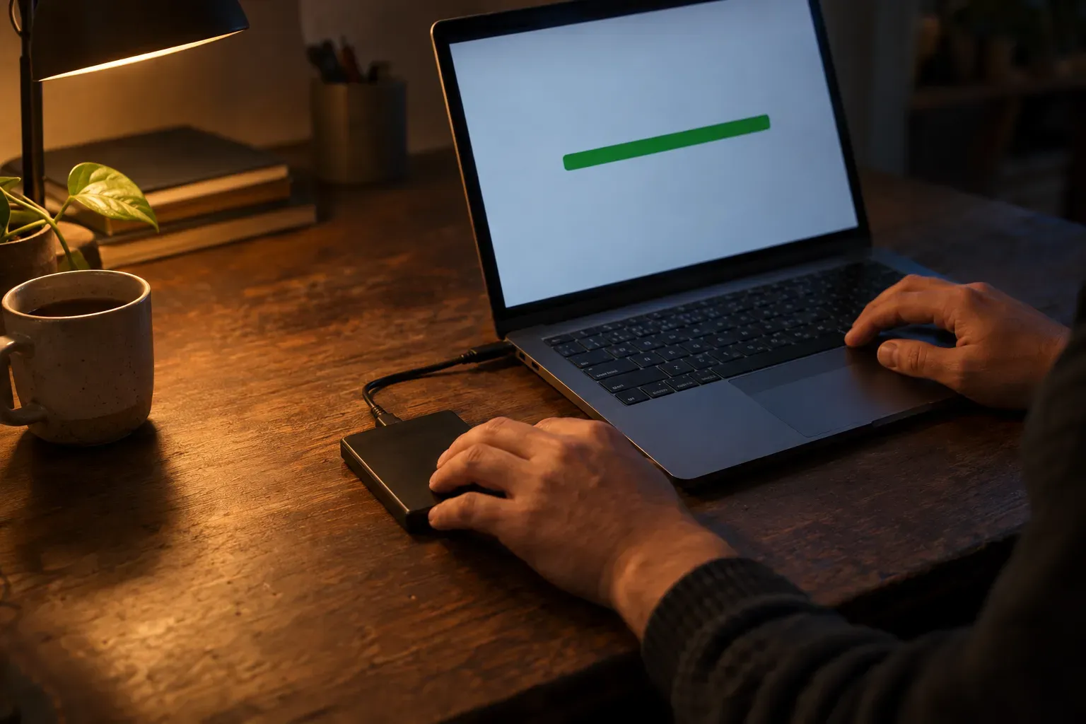 Un ordinateur portable sur une table avec une barre de progression verte à l’écran et une main utilisant une souris.