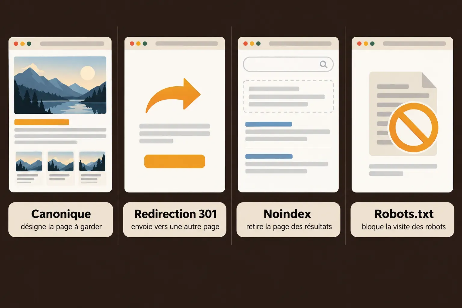 Une page web illustrant quatre options: canonique, redirection 301, noindex et robots.txt, présentées comme des maquettes de