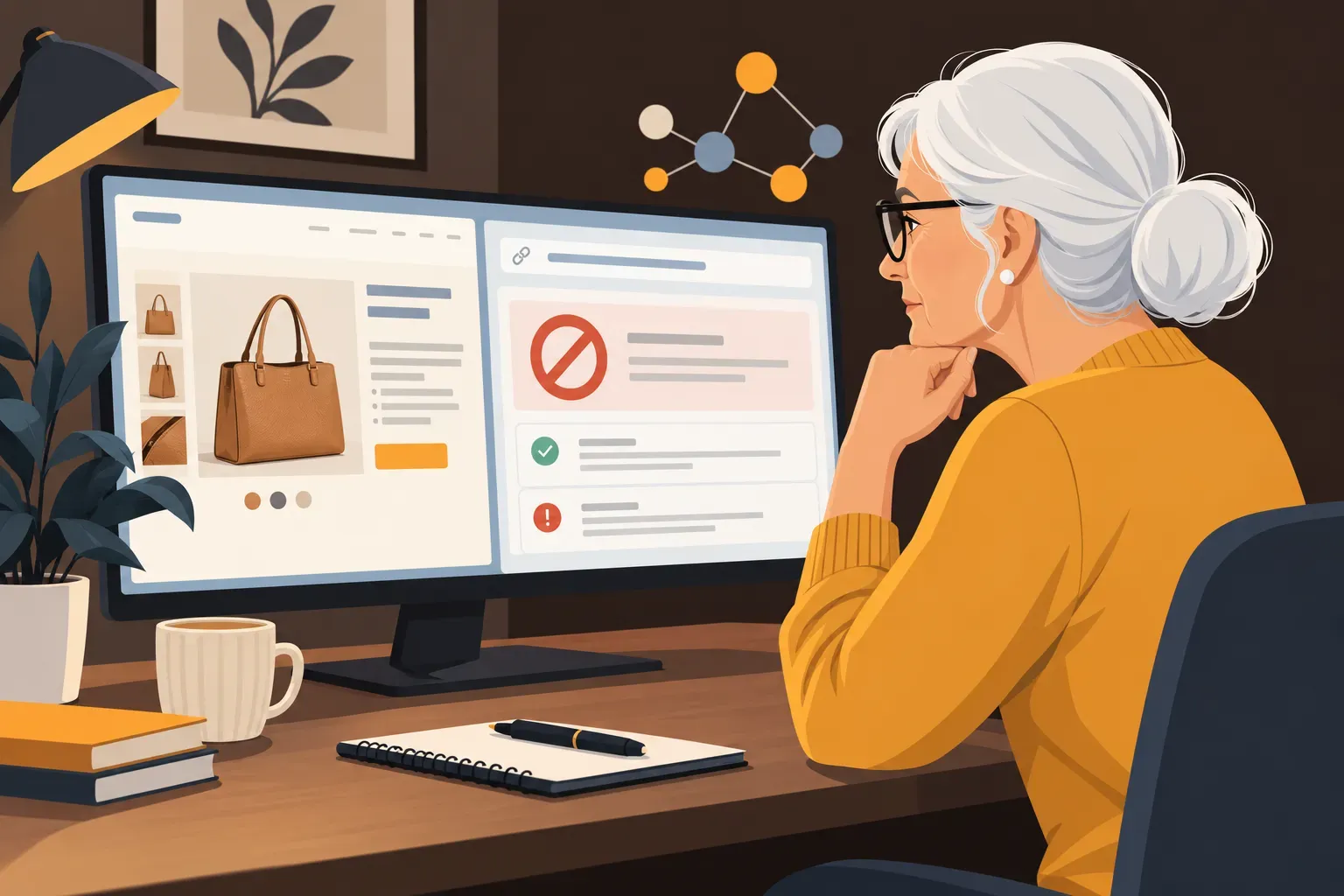 Une personne âgée regarde un écran double affichant des pages web et des avis, assise à un bureau avec carnet et tasse.