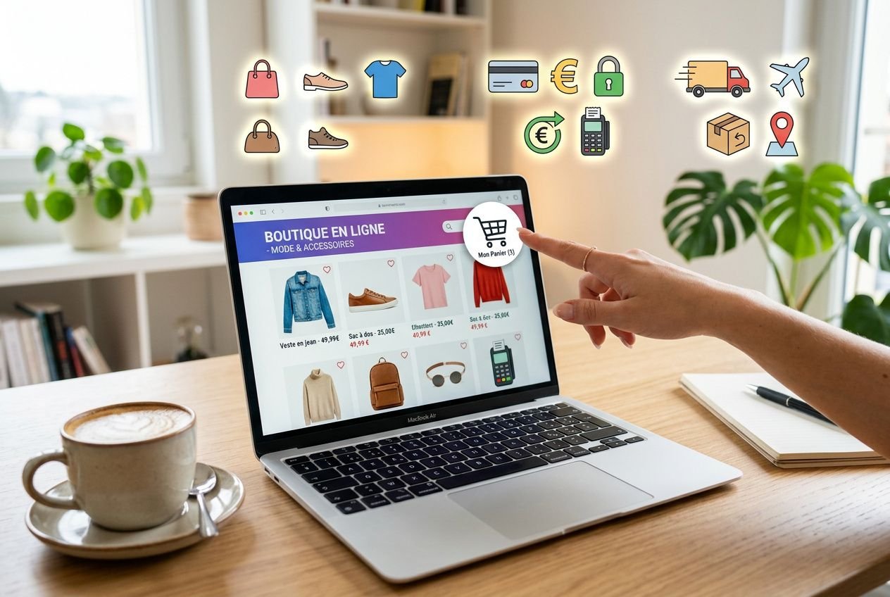 Une personne pointe l’écran d’un ordinateur portable affichant une boutique en ligne de vêtements et accessoires, avec des icônes liées au commerce autour. Créer boutique en ligne gratuitement est facilité.