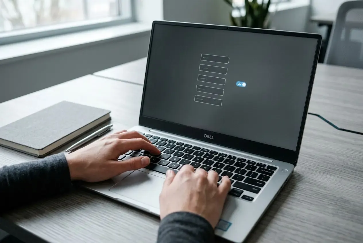 Personne tapant sur un ordinateur portable Dell ouvert sur un bureau, avec carnet près de l’écran. Prestashop bon pour le référencement naturel évoqué.