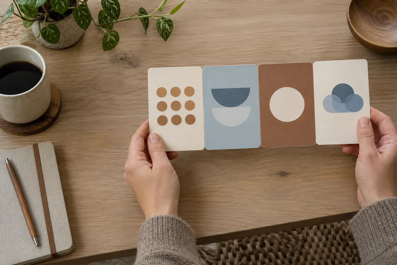 Une personne tient quatre cartes illustrées posées en ligne sur une table.
