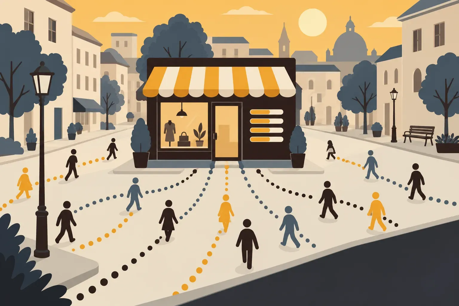 Une place avec une boutique au centre, entourée de passants stylisés et de rues pavées.