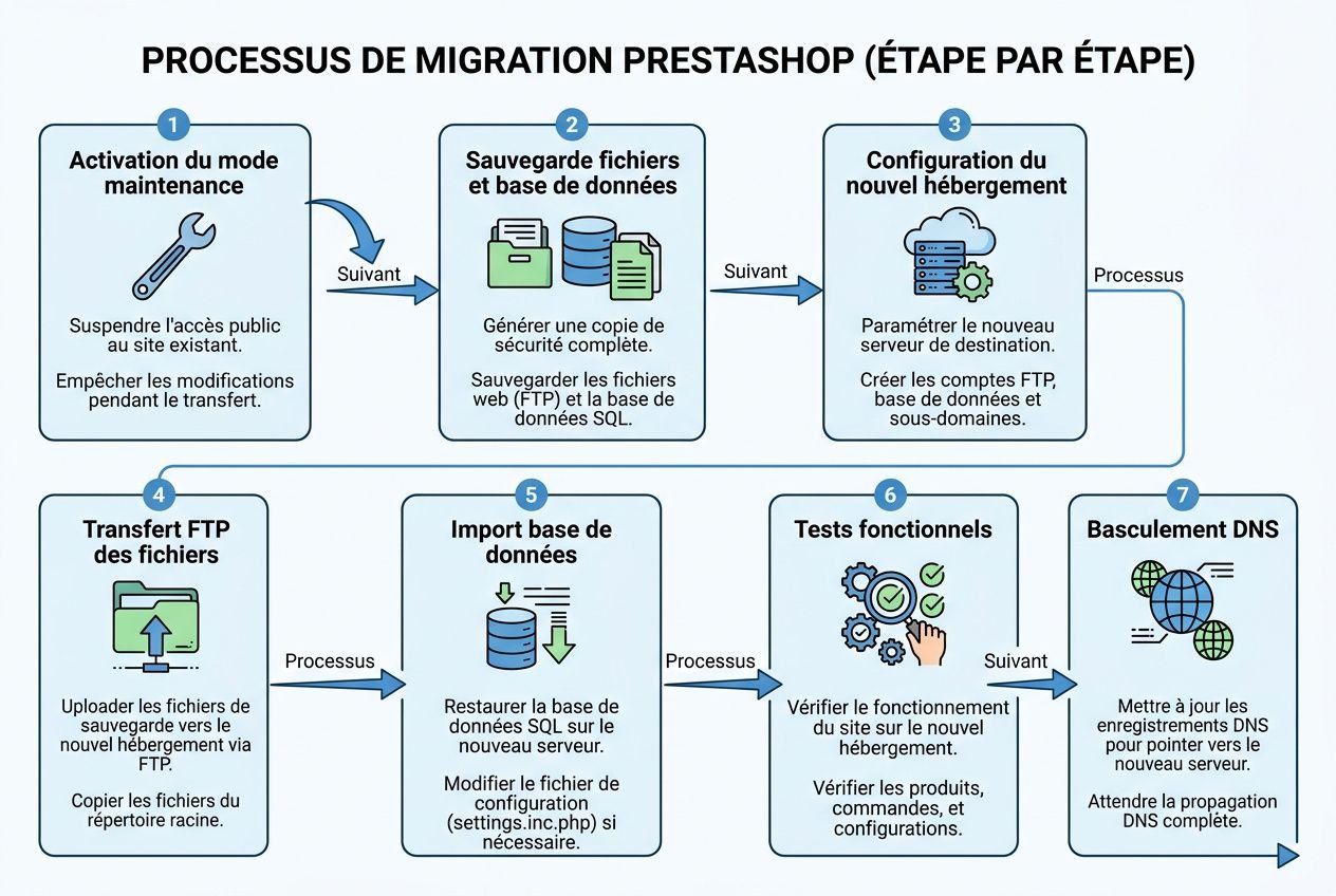 Processus de migration Prestashop étape par étape avec étapes de sauvegarde, configuration, transfert FTP et tests. Migration hébergement boutique en ligne décrite visuellement.