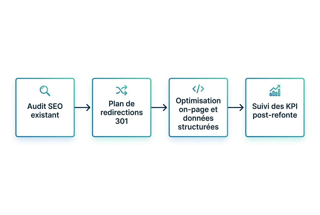Processus de refonte site web: audit SEO existant → plan de redirections 301 → optimisation on-page et données structurées → suivi des KPI post-refonte