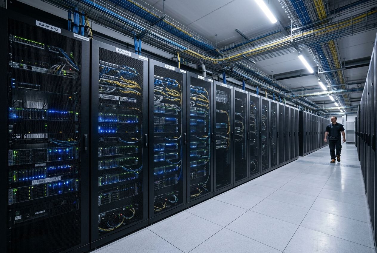 Racks de serveurs en data center, câblage et éclairage bleu, homme marchant entre les rangées pour un hébergement optimisé prestashop rapide.