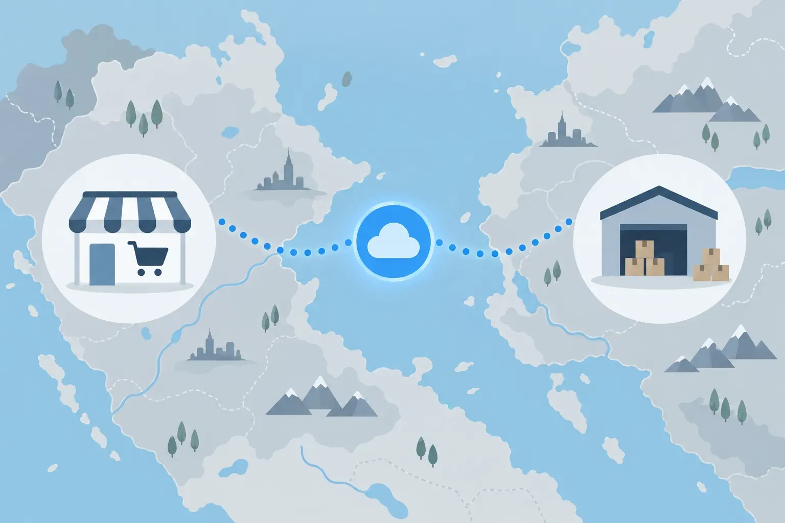 Représentation illustrant une connexion entre une boutique en ligne et un logiciel de gestion via un nuage, avec des icônes de