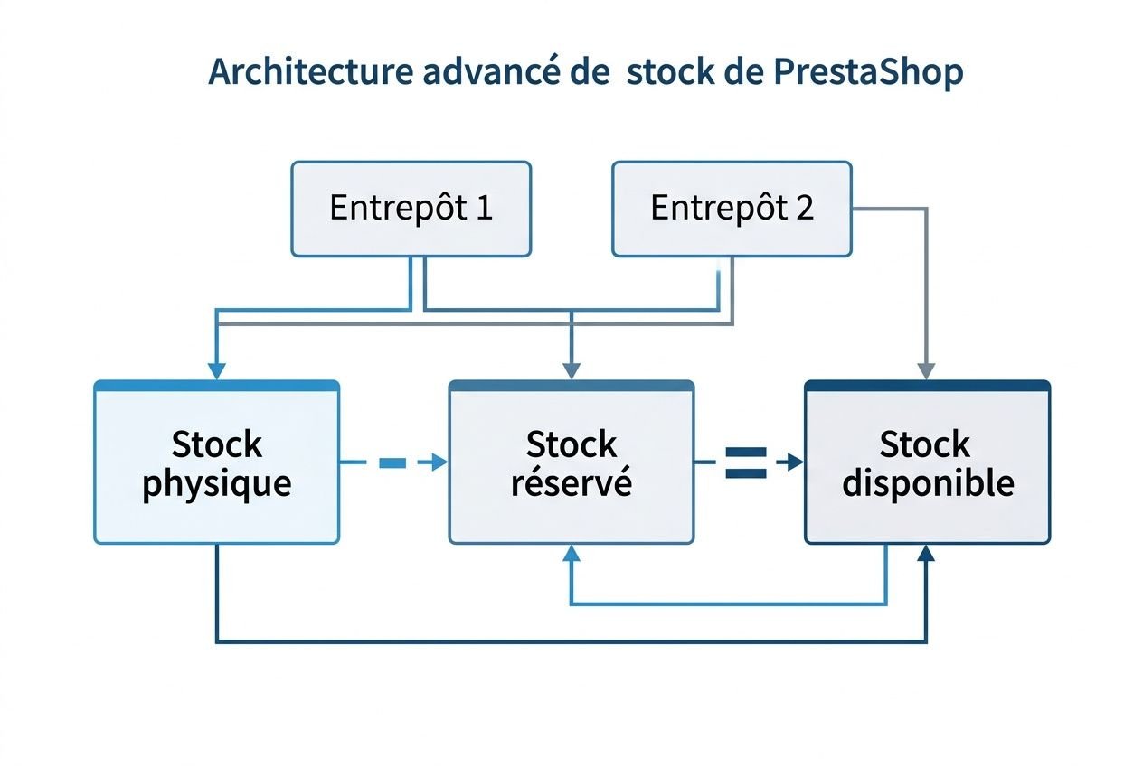 Schéma d’architecture avancée de stock PrestaShop montrant stock physique, stock réservé et stock disponible avec entrepôts. Gestion stock prestashop.