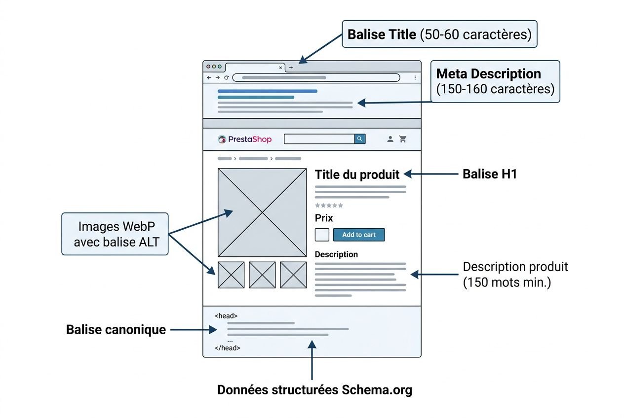Schéma d’une fiche produit Prestashop avec balises SEO : balise Title, meta description, balise H1, image ALT, description produit et données structurées. Audit seo boutique prestashop intégré.