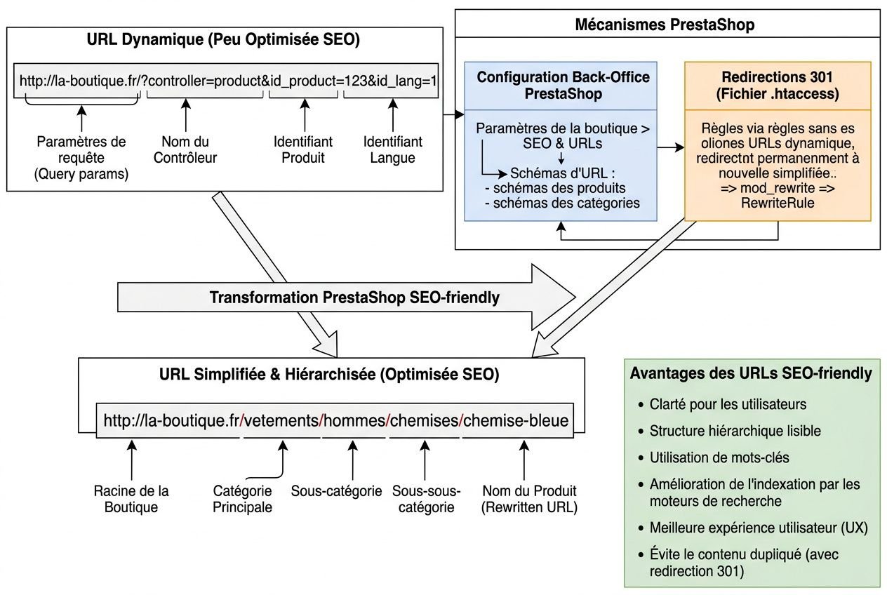 Schéma montrant l’optimisation SEO PrestaShop : URL dynamique → URL simplifiée et hiérarchisée, transformation SEO-friendly, et bénéfices pour l’optimisation des fiches produit. intégration du mot-clé optimiser seo fiche produit prestashop dans le contexte des URL et méta-règles.