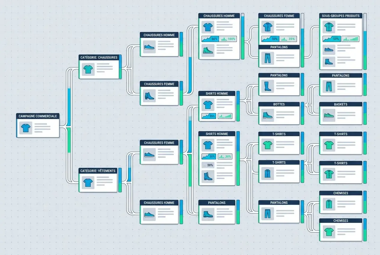 Schéma organizational détaillant une campagne commerciale avec catégories et sous-catégories de chaussures et vêtements, illustrant l’optimisation d’une campagne Google Shopping.