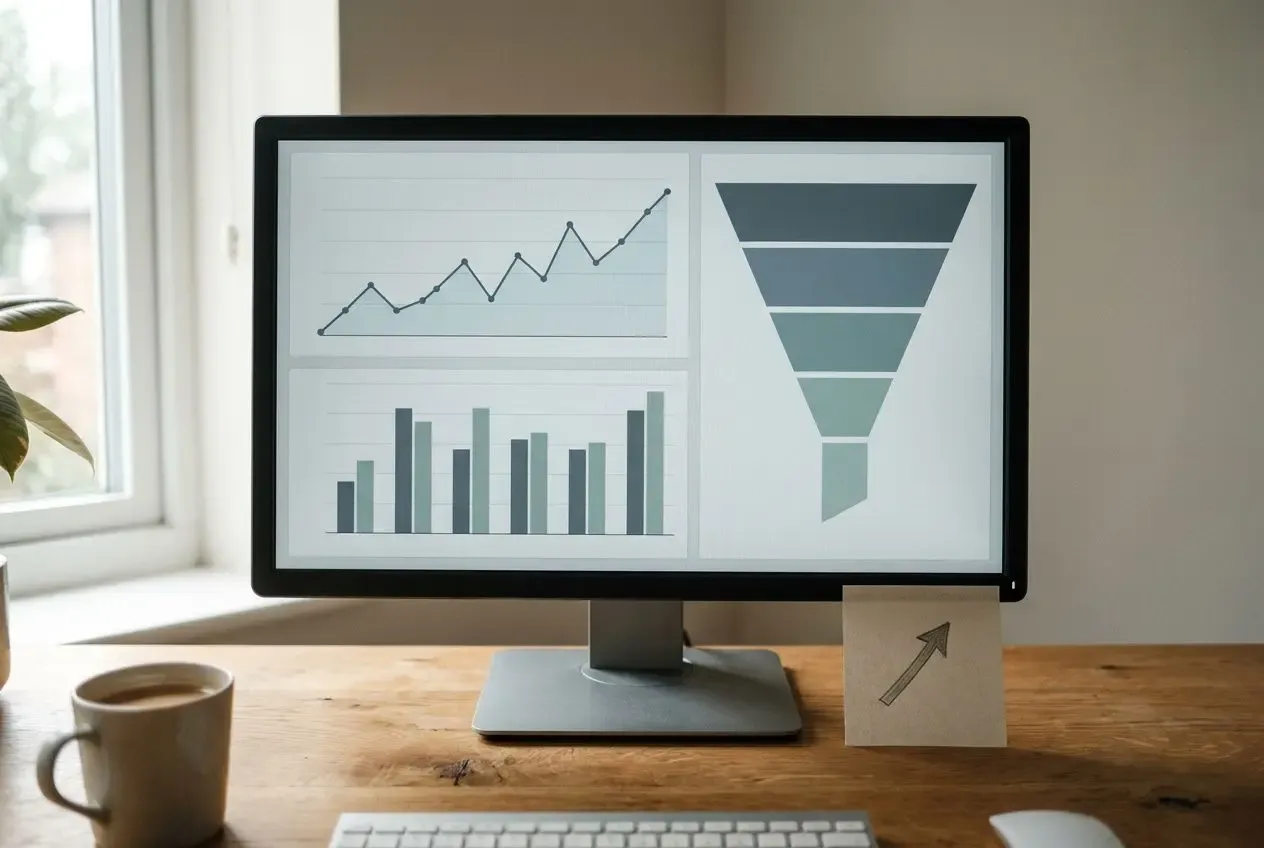 Tableau de bord affichant des graphiques de performance et un entonnoir de conversion sur un écran d’ordinateur, idée claire d’optimisation des ventes en ligne.