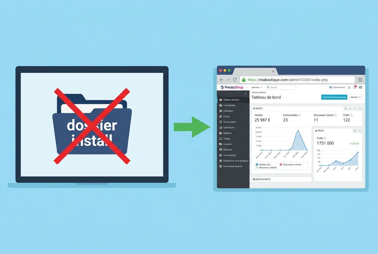 Tableau de bord d’administration PrestaShop affiché sur un écran lié par flèche verte à un PC montrant un dossier "installer" barré d’un crochet rouge, symbole d’un transfert local vers une interface en ligne. Inclure le mot-clé: installer prestashop en local avec wamp.