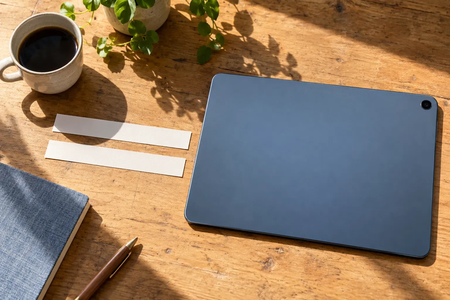 Tablette graphique posée sur une table en bois, accompagnée d’un carnet, d’un peu de verdure et d’une tasse de café.