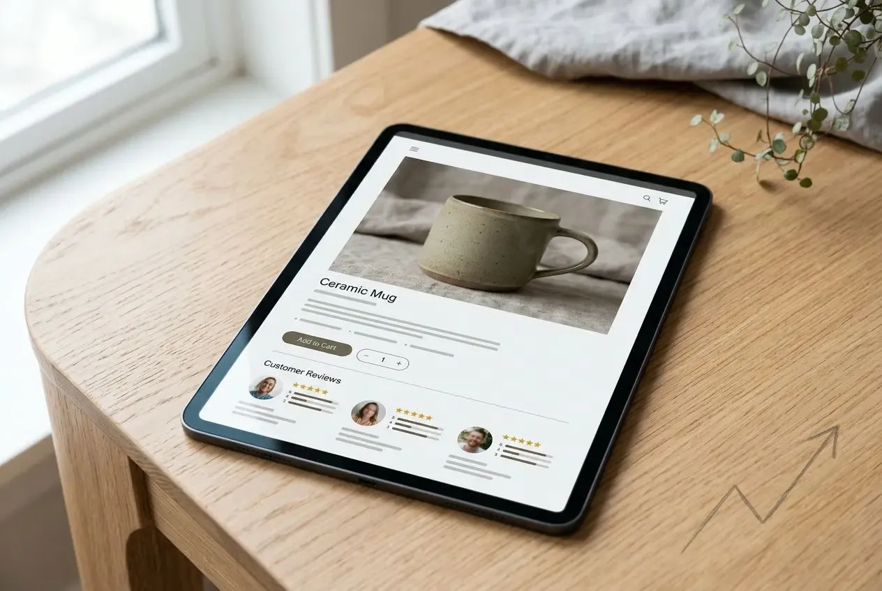 Tablette tactile affichant une fiche produit « Ceramic Mug » posée sur une table en bois, ambiance calme et lumineuse. intégration du mot-clé: comme demande, intégrer naturellement « comment augmenter ventes e-commerce ».