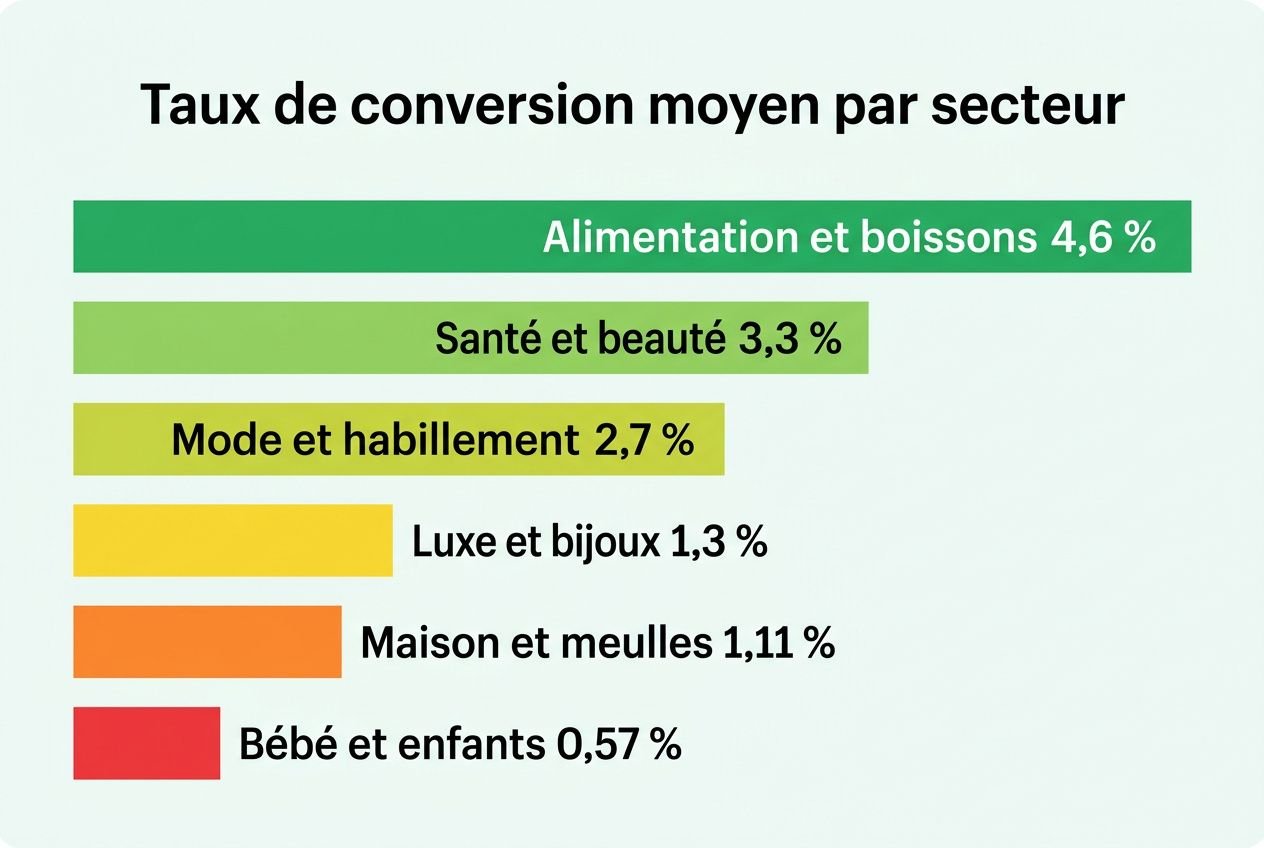Taux de conversion moyen par secteur: alimentation 4,6 %, santé et beauté 3,3 %, mode et habillement 2,7 %, luxe 1,3 %, maison et meubles 1,11 %, bébé et enfants 0,57 %. Note: intégration du mot-clé taux de conversion ecommerce.