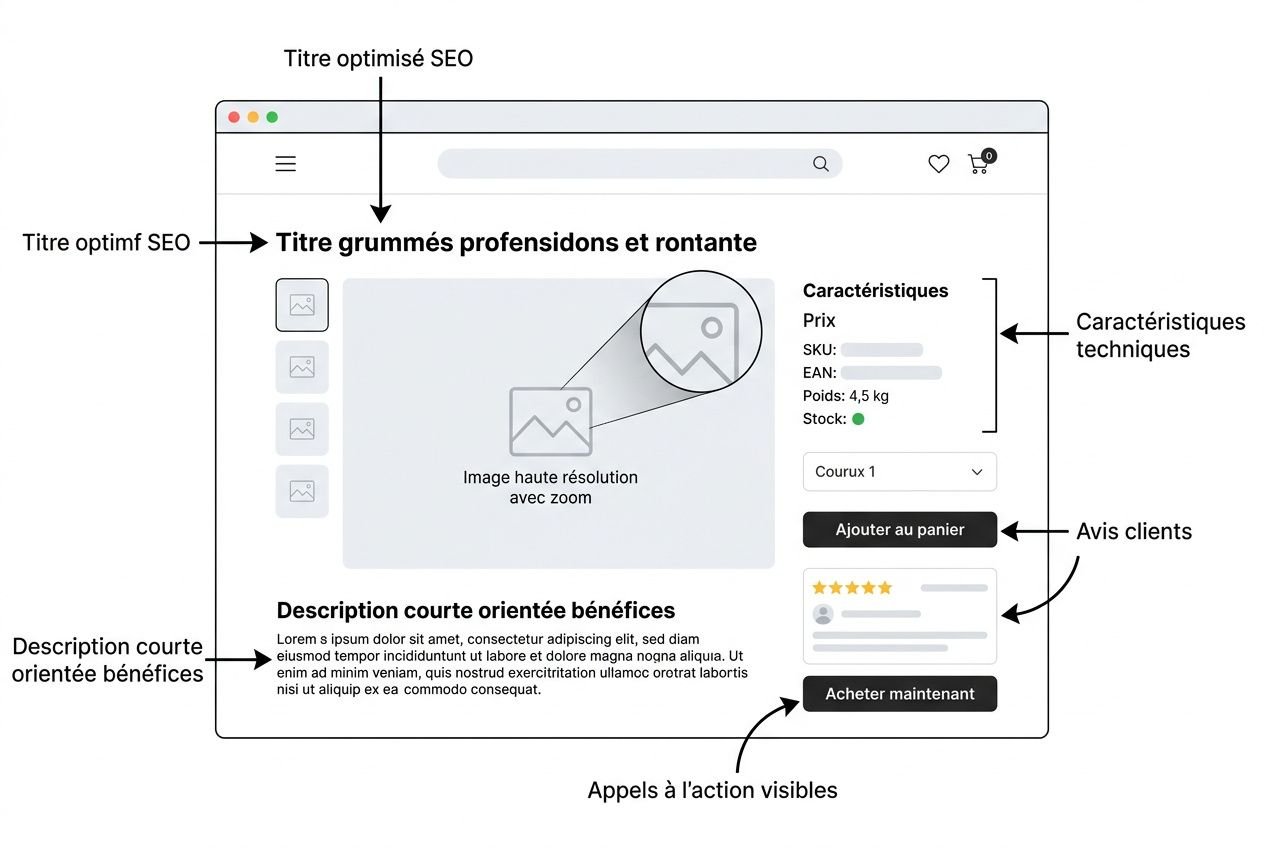 Titre optimisé SEO sur fond de boutique en ligne simulée, avec grande image et bouton “acheter maintenant” visible. Description courte et avantages, fiche produit et avis clients sur le côté, éléments techniques et appels à l’action présents. Intègre comment créer boutique en ligne.
