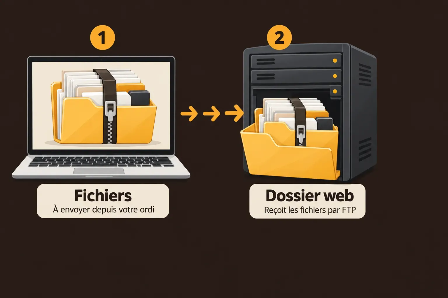 Transfert de fichiers d’un ordinateur vers un serveur via FTP avec un dossier contenant des documents.