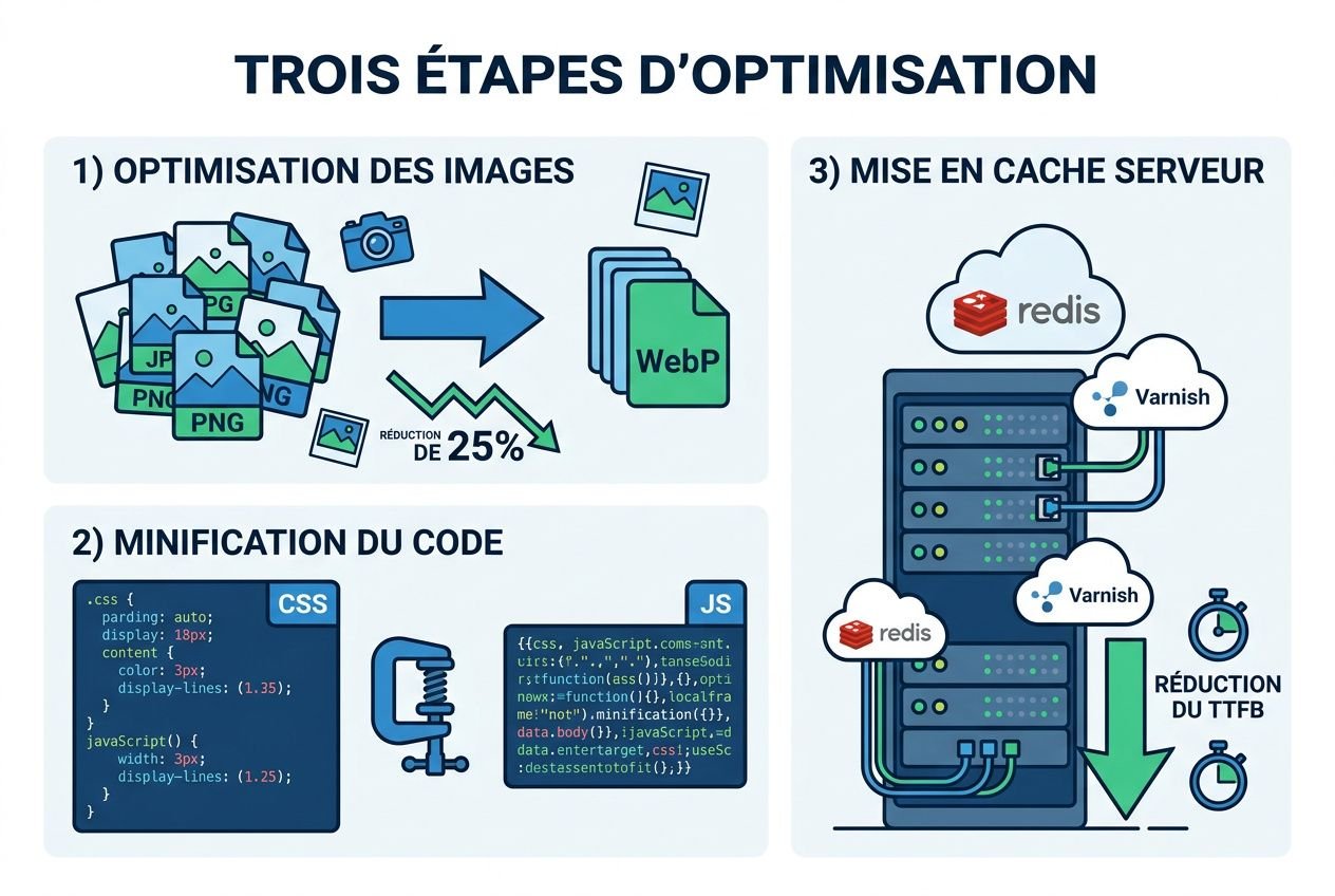 Trois étapes d’optimisation pour une boutique Prestashop lente: optimisation des images, minification du code et mise en cache serveur.
