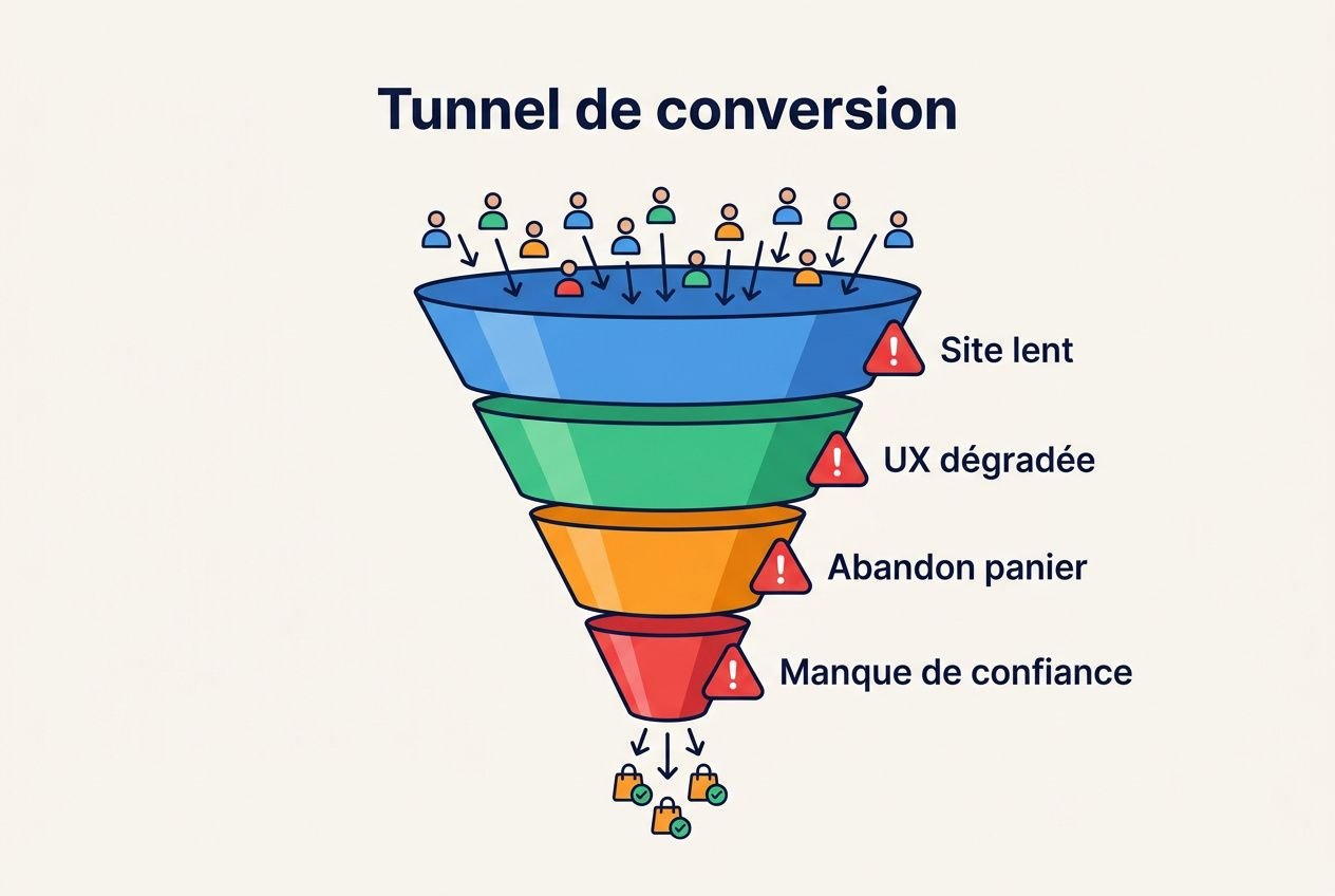 Tunnel de conversion illustrant les étapes du parcours client jusqu’à la finalisation, avec signaux d’alerte sur Site lent, UX dégradée, Abandon panier et Manque de confiance, et flux final de conversions. Inclut le mot-clé taux de conversion e-commerce.