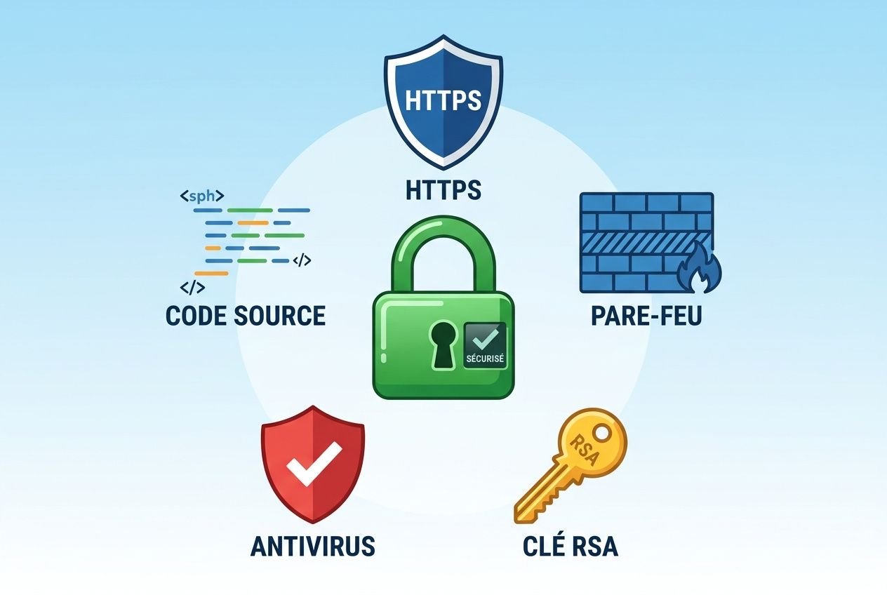 Visuel illustrant des éléments de sécurité web: HTTPS au centre, bouclier, clé RSA, pare-feu, antivirus et code source, avec texte en français. intégrant l’hébergement boutique en ligne rapide.