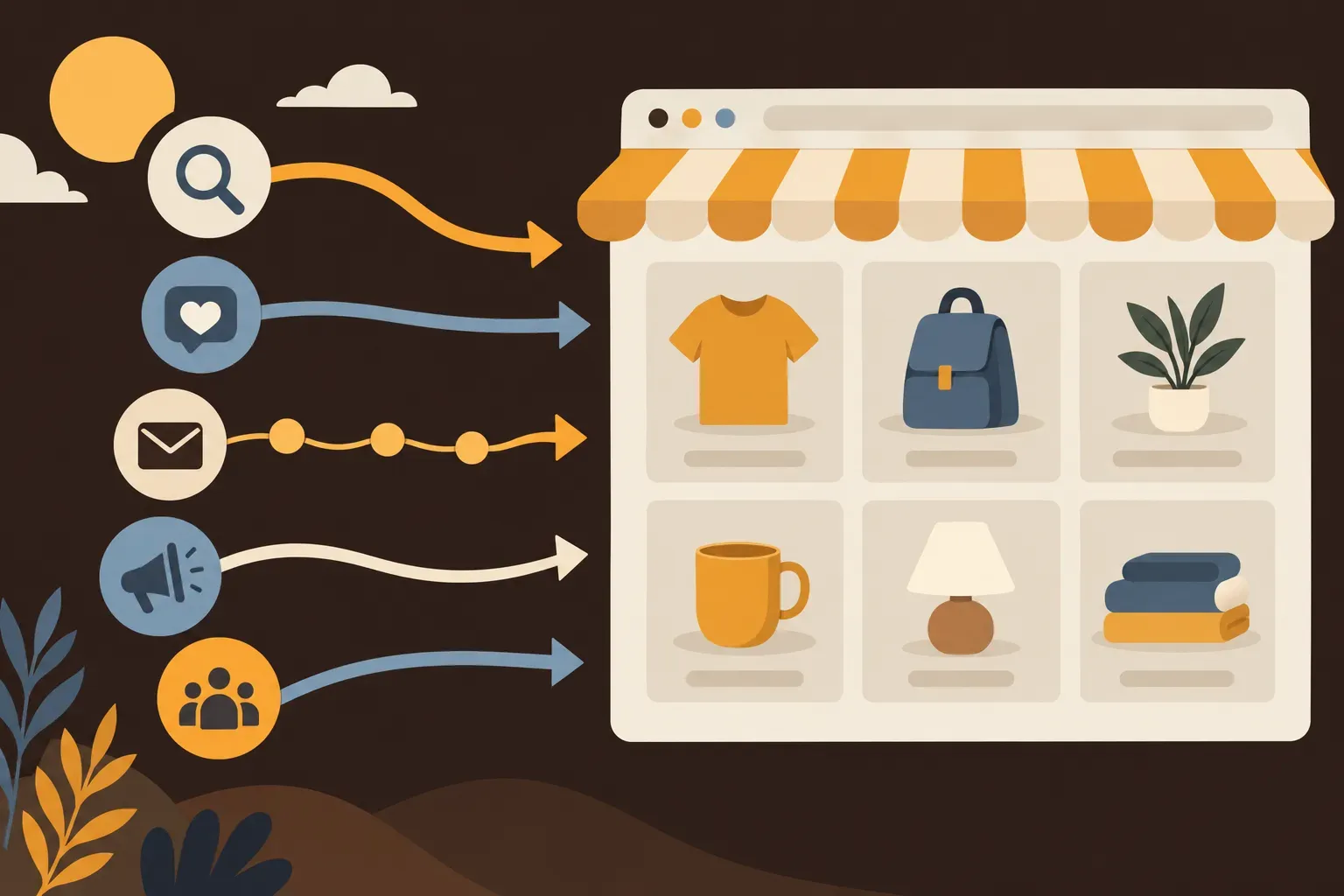 Une vitrine de boutique en ligne avec des produits visibles et des icônes de chemins de trafic publicitaire sur le côté gauche.