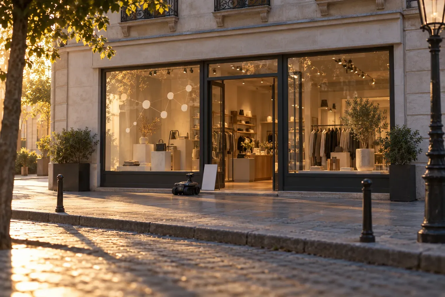 Vitrine d boutique lumineuse avec des vêtements exposés à l’intérieur et une lumière chaude extérieure.