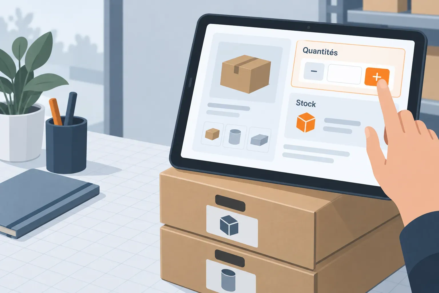 Vue d’un écran tactile affichant des options de gestion des stocks, surmontant des boîtes d’inventaire empilées; doigt pointant l’interface.