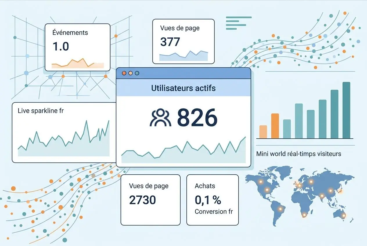 Alt: Illustration graphique montrant des indicateurs web (utilisateurs actifs, vues de page, conversions), lié à l’installation de Google Analytics sur PrestaShop, avec des graphiques et une carte du monde.