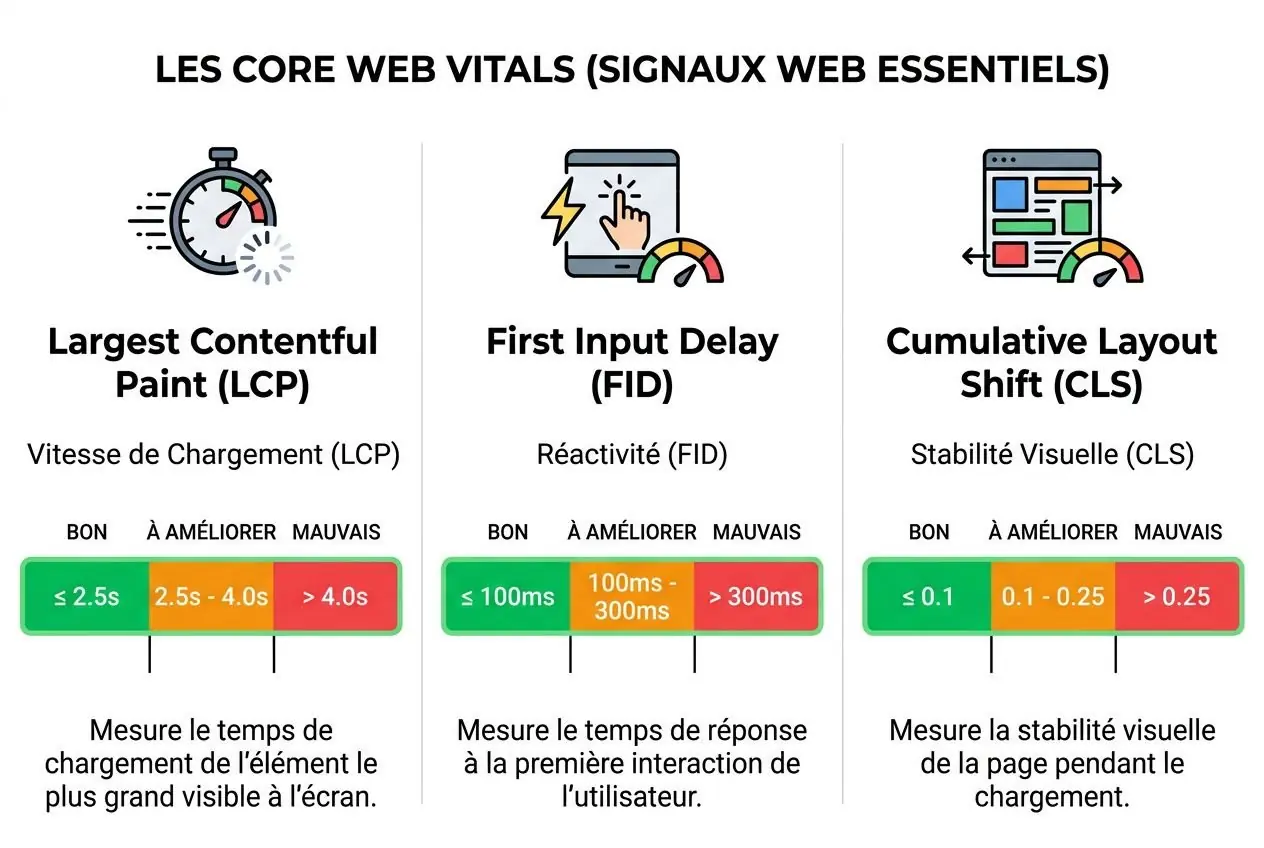 ALT: Vitesse boutique Prestashop lente illustrant les signaux web essentiels, avec LCP, FID et CLS et leurs indices visuels.