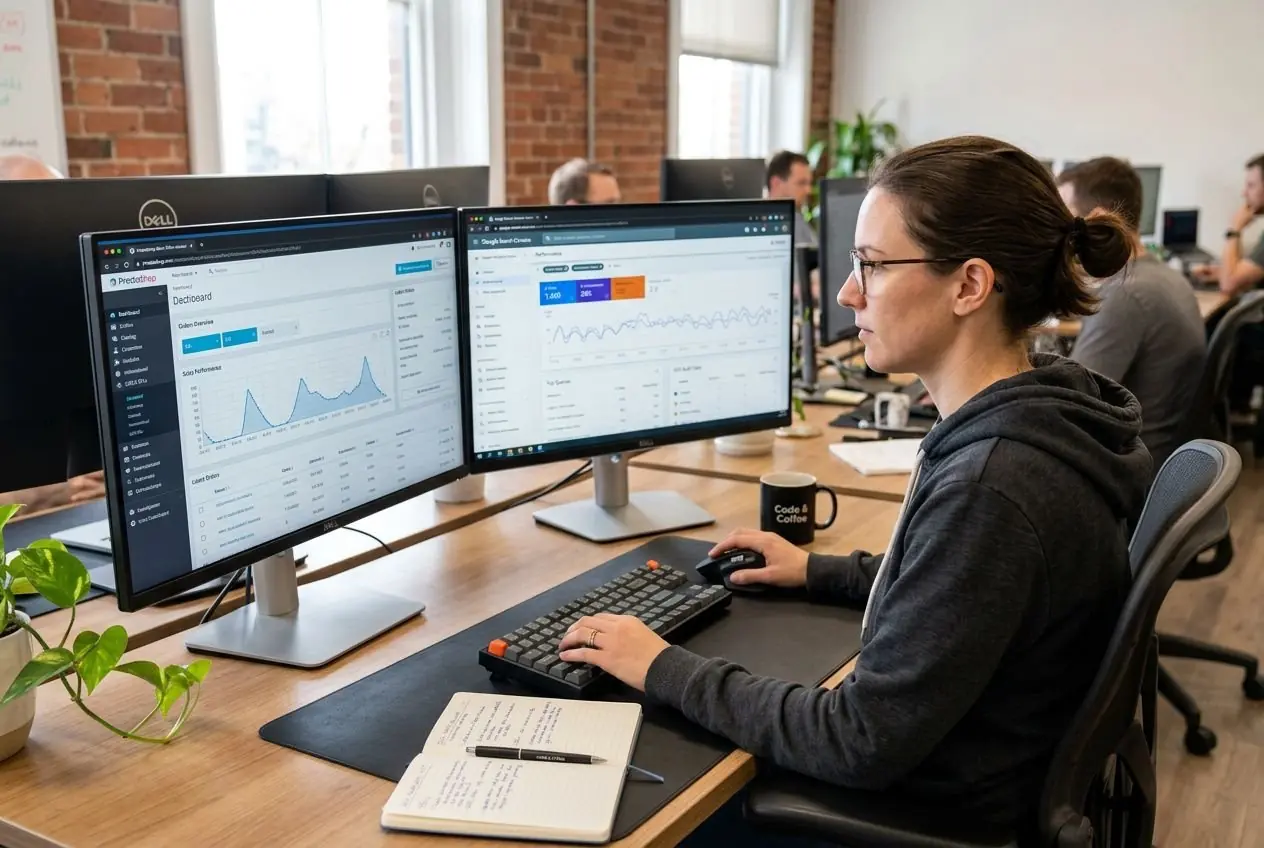 Analyste e-commerce travaillant sur deux écrans affichant des tableaux et graphiques dans un open space, prêt à augmenter les ventes PrestaShop.