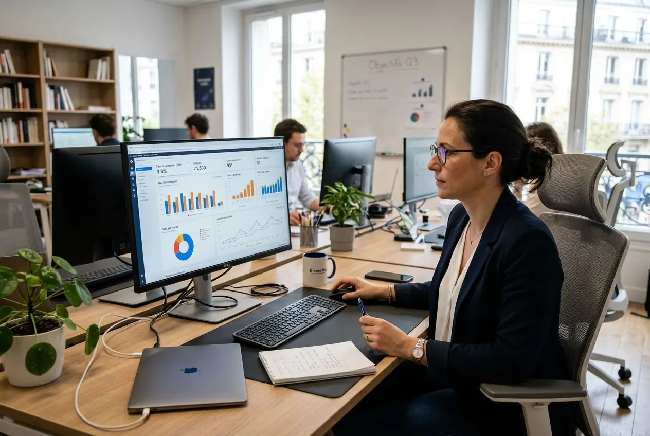 Analyste en entreprise devant un écran affichant des graphiques et courbes, travaillant sur le taux de conversion e-commerce dans un open space.