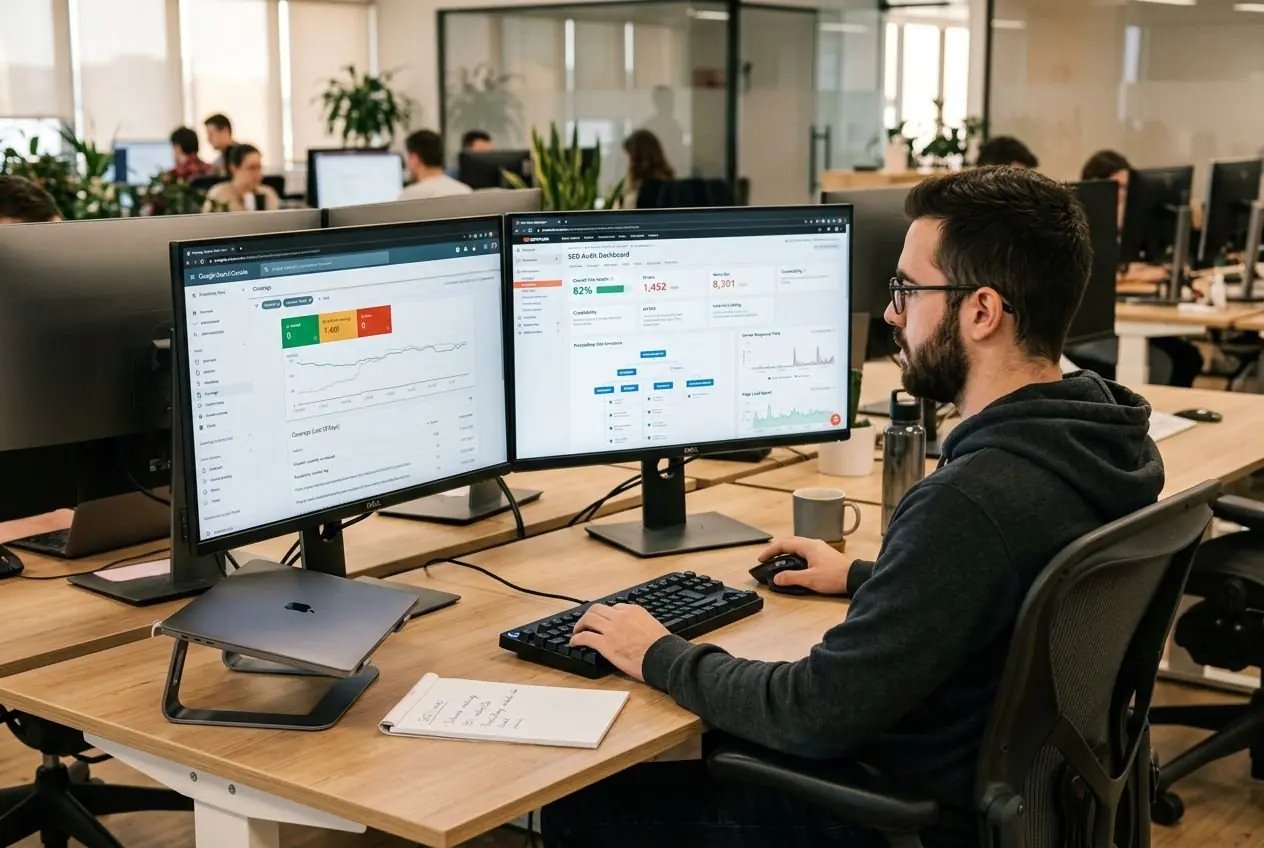 Analyste SEO devant deux écrans affichant des KPI et des graphiques, en open space, travail sur l’optimisation du site PrestaShop. comment améliorer seo prestashop.