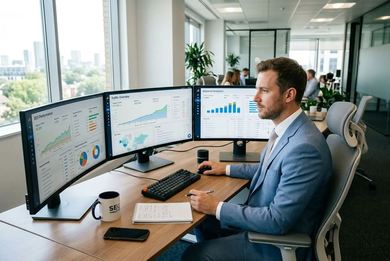Analyste SEO travaillant sur plusieurs écrans affichant des graphiques et données, en bureau moderne.
