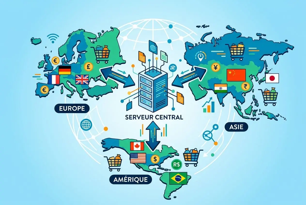 Carte du monde illustrant un serveur central et des flux de commerce en ligne, avec zones Europe, Amérique et Asie et symboles monétaires et de magasins en ligne. Plateforme de vente en ligne professionnel adaptée.