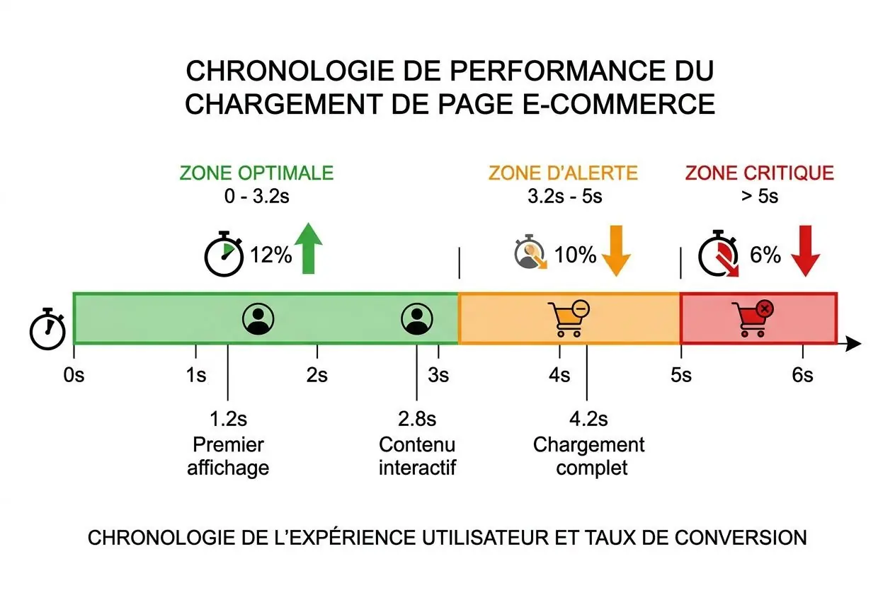 Chronologie de performance du chargement de page e-commerce avec zones et vitesses.