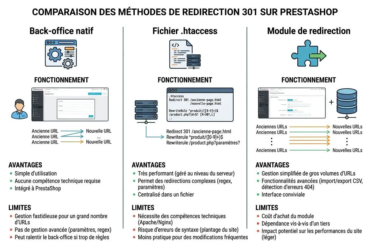 Comparaison des méthodes de redirection 301 sur Prestashop: back-office natif, fichier.htaccess et module de redirection.