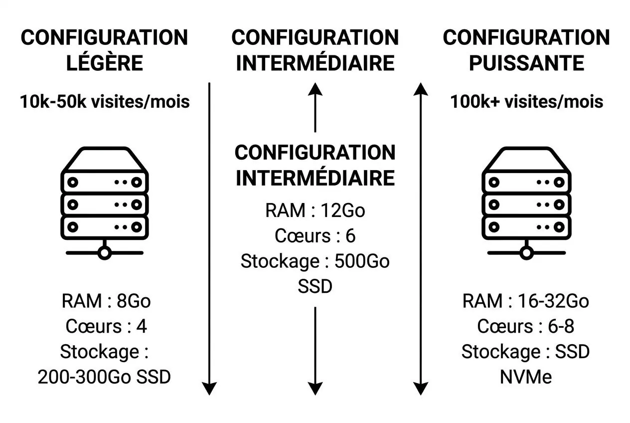 Configuration serveur actuelle suboptimale et non descriptive. ALT proposé amélioré: "Schéma montrant trois configurations serveur: légère (8Go RAM, 4 cœurs, 200-300Go SSD), intermédiaire (12Go RAM, 6 cœurs, 500Go SSD), et puissante (16-32Go RAM, 6-8 cœurs, NVMe) pour une création de site prestashop".