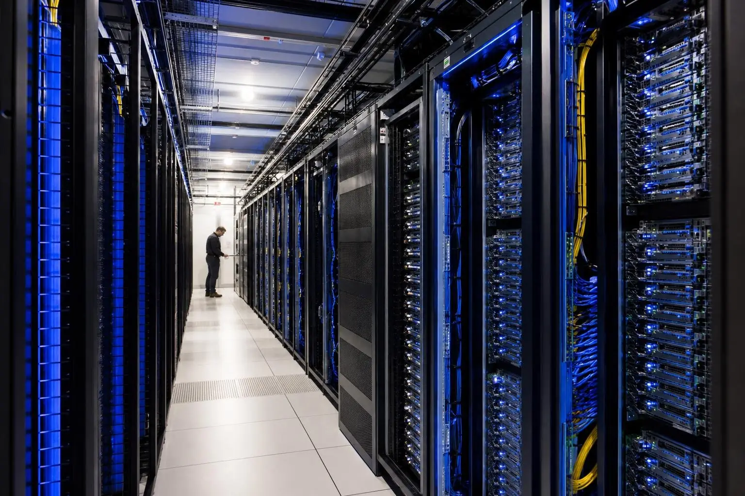 Couloir de racks de serveurs dans un data center, avec câblage bleu et un technicien en arrière-plan, illustrant la différence hébergement mutualisé dédié.
