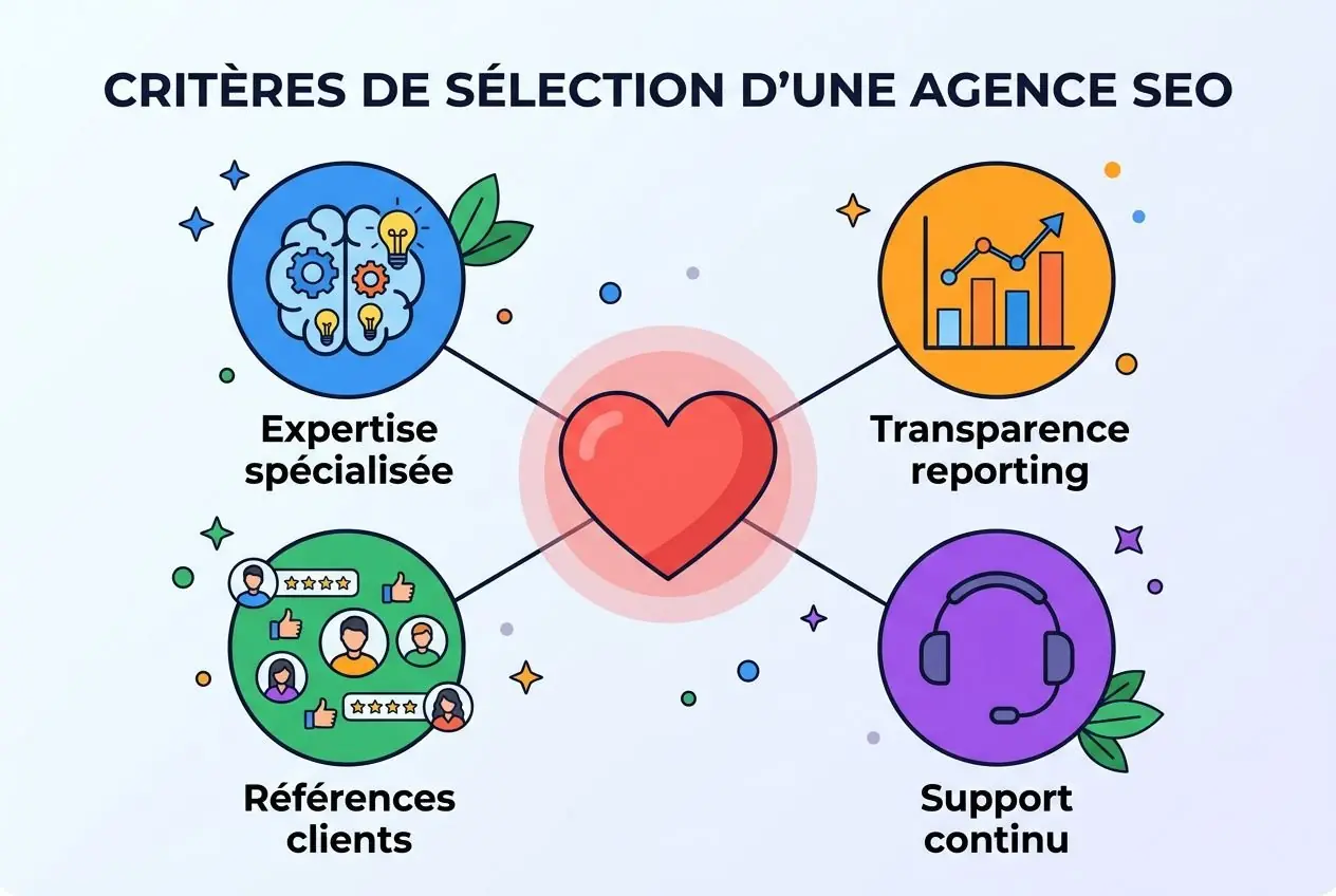 Critères de sélection d’une agence seo : expertise spécialisée, transparence reporting, références clients et support continu relying pour seo entreprise.