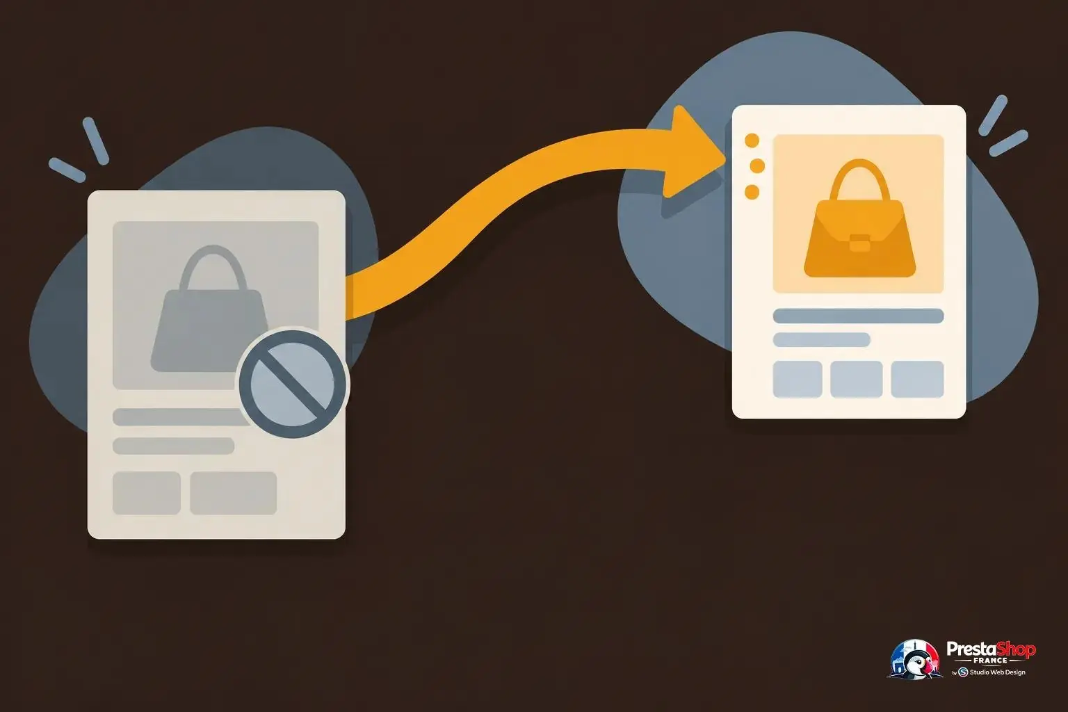 Deux pages web reliées par une flèche orange, l’une montrant une icône de panier et l’autre une présentation similaire.